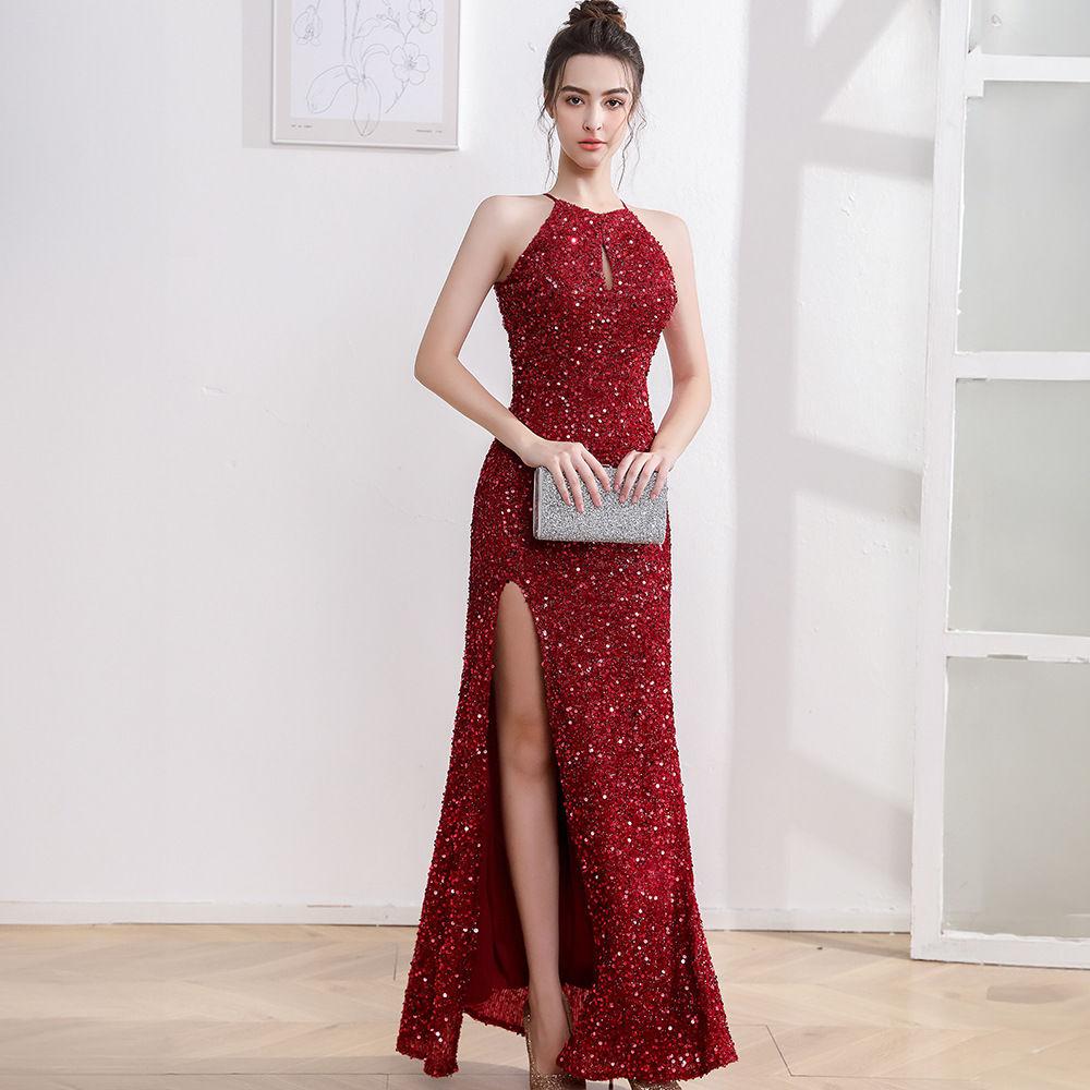 Sequin Slim Fit Evening Dress - Sparkly Long Sleeveless Gown for Banquet & Party, Sexy Bodycon Performance Dress with Slit