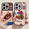 Cute Cartoon Embroidery Bear Dog Leather Case For iPhone 13 14 15 16 17 Pro Max Lovely Soft Silicone Phone Cover