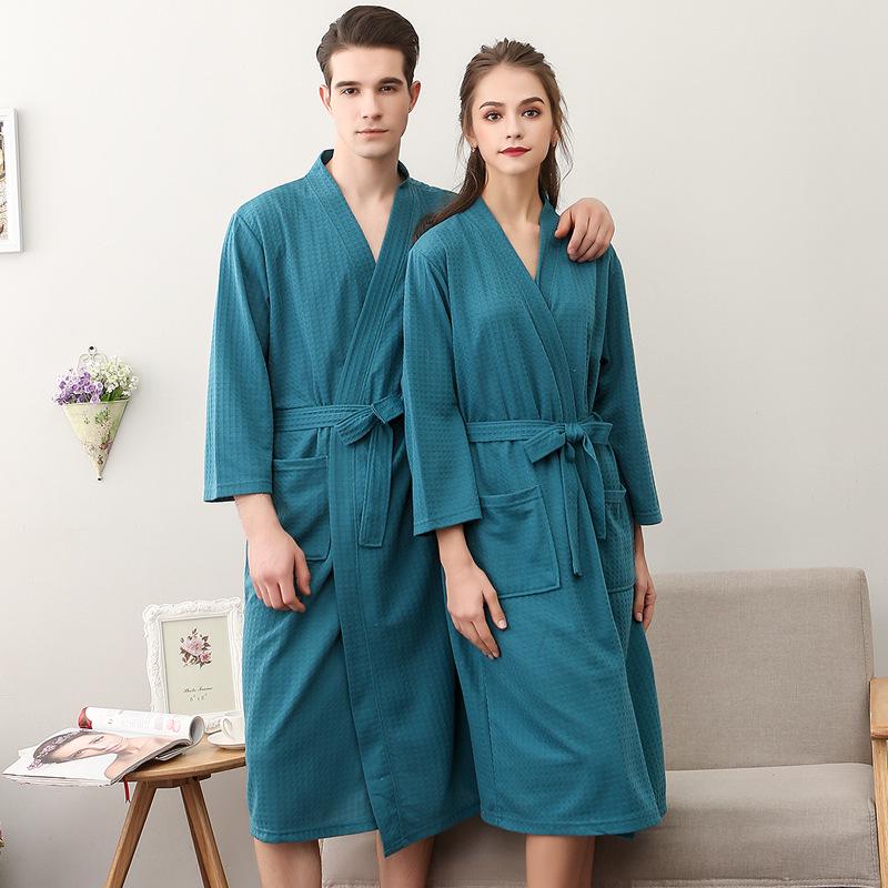 Summer Waffle Mid-Length Bathrobe - Unisex Seven-Sleeve Pajama & Homewear for Couples