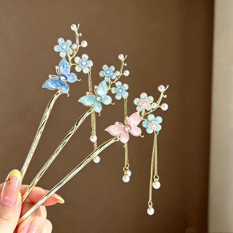 1Pc Vintage Romantic Metal Hair Stick Women Butterfly Flower Pearl Tassel Hair Pin Exquisite Elegant Daily Wear Hair Accessories