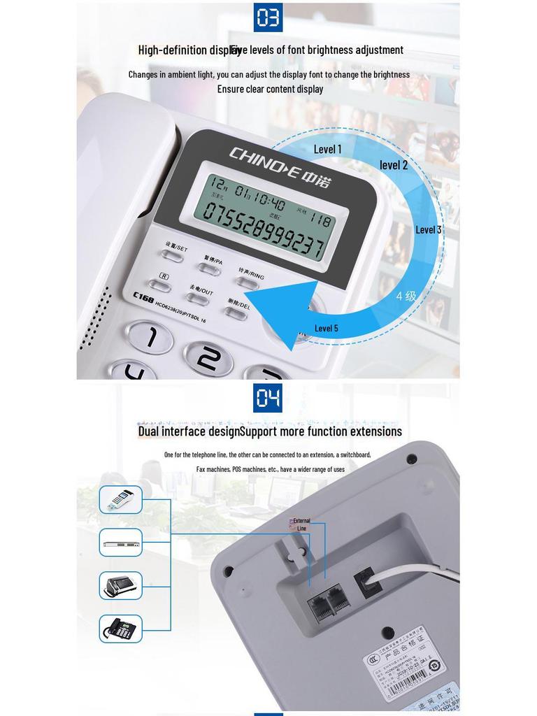Zhongnuo C168 Kettős interfészű vezetékes vezetékes telefon hívófél-azonosítóval, akkumulátor nélkül, otthonra vagy irodába