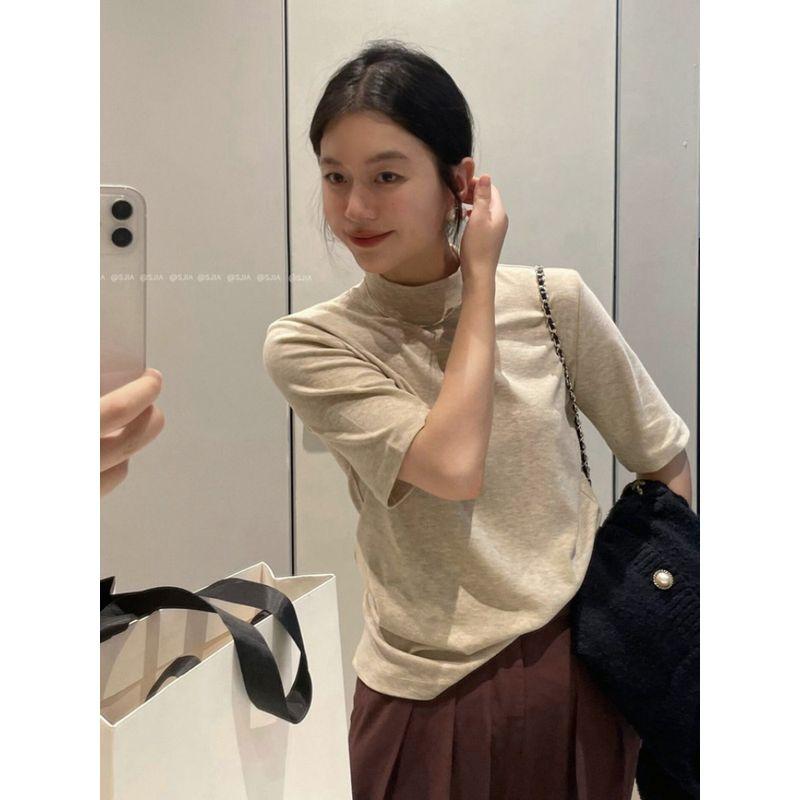 Kumikumi Basic Model French style Half-high Collar Half Sleeve T-shirt Women clothes Autumn Slimming Versatile Solid Inner wear Top