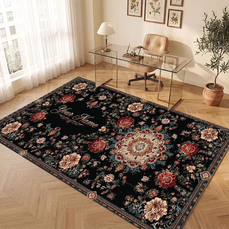 Floral Garden Theme Crystal Velvet Floor Rug Personalized Custom Name Text Warm Carpet Home Decoration