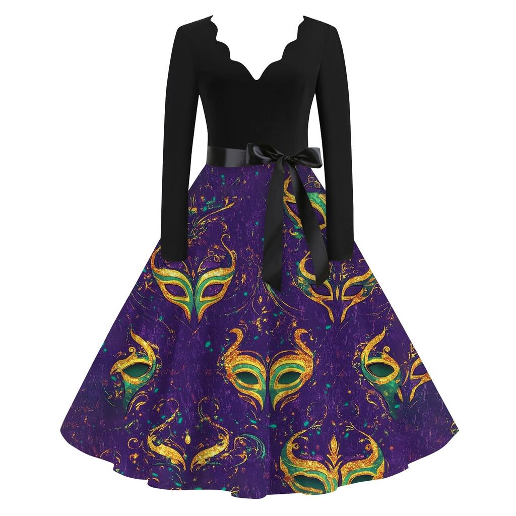 Women's Casual Fashion V-Neck Long Sleeve Carnival Print Vintage  Dress