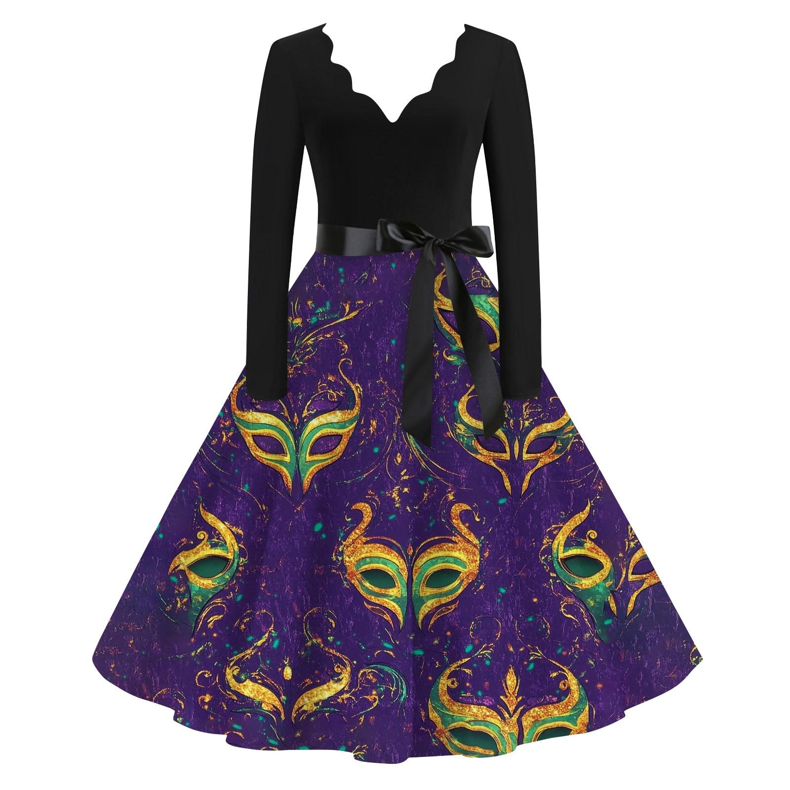 

Женское повседневное модное платье с V-образным вырезом и длинным рукавом с карнавальным принтом в винтажном стиле XXXL тёмно-синий