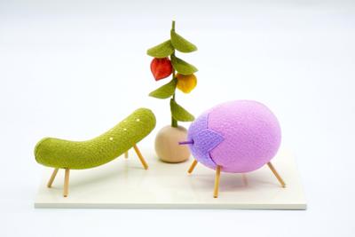 Pastel Obon Decorations: Cow and Horse, Cow (eggplant) and Horse (cucumber), Ground Cherry, and Stand Included. Spirit Horse Design. Rayon Crepe and