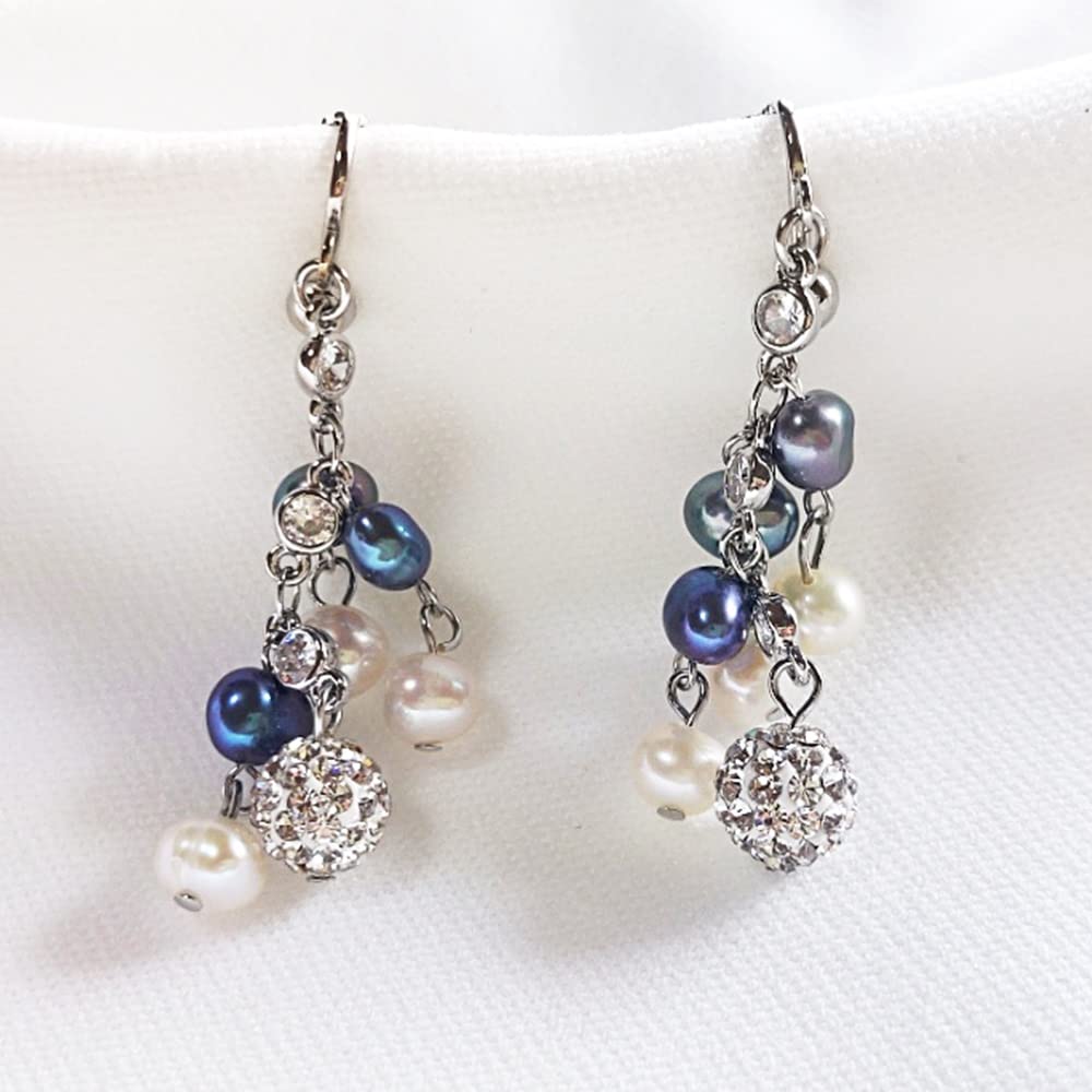 Bijou YASUO Boucles d'oreilles Perle d'eau douce Étincelantes Noir Gris Blanc Pendantes 4cm Cadeau