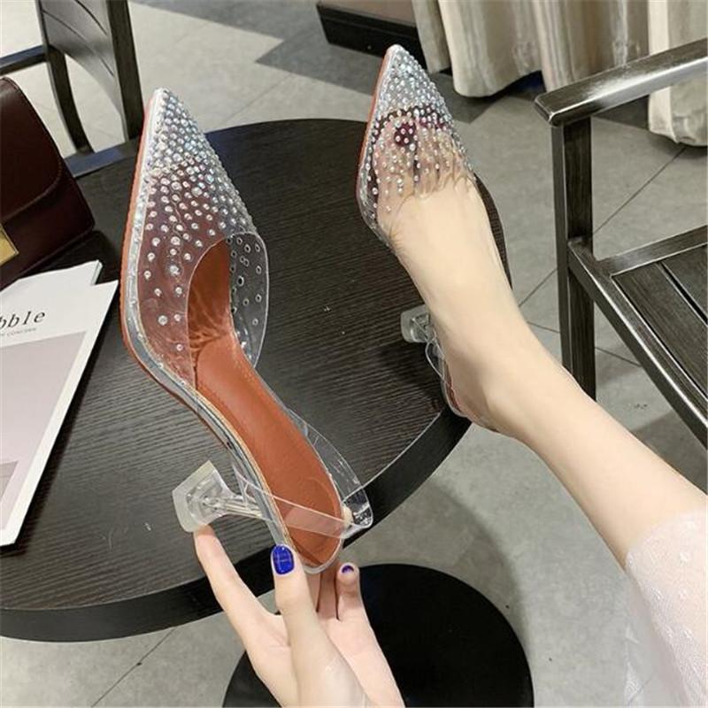 Fashion Fashion Rhinestones Women Pumps Summer Sexy PVC Transparent Back Strap Pointed Toe Perspex Clear Spike Heels Party Shoes