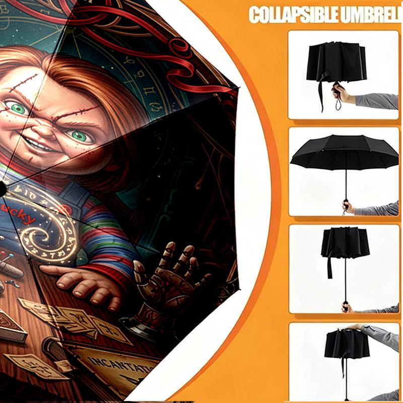 Custom Name Personalized Horror Theme Chucky Print Umbrella, Auto Open Close, 8‑Rib Sturdy Frame, Commute Camping Hiking Use, Birthday Gift