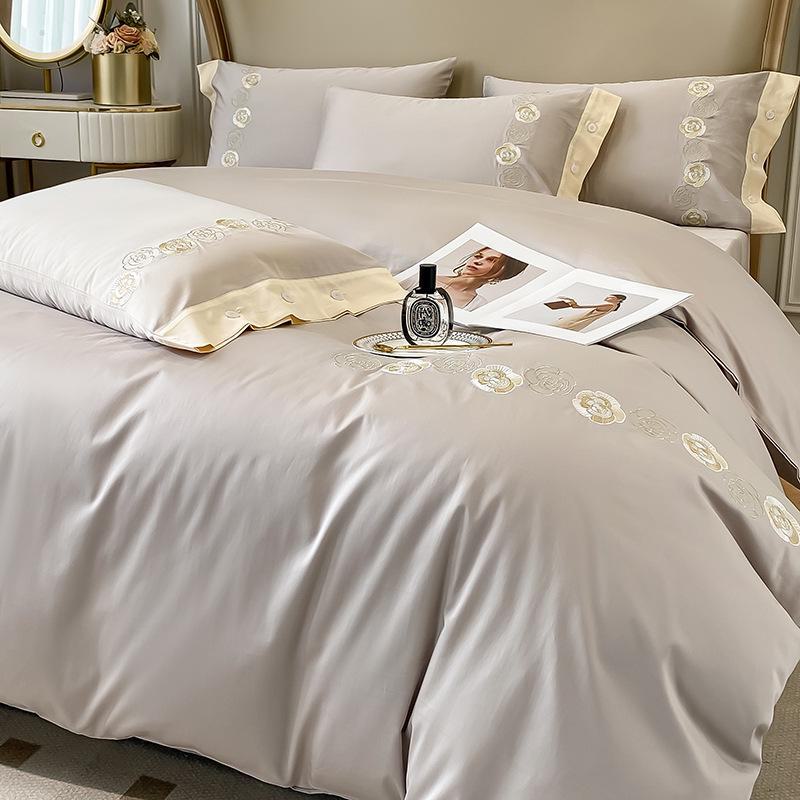 Light Luxury 60-Count Long-Staple Cotton Bedding Set: Solid Color Embroidered 4-Piece (Bed Sheet & Quilt Cover) Pure Cotton.