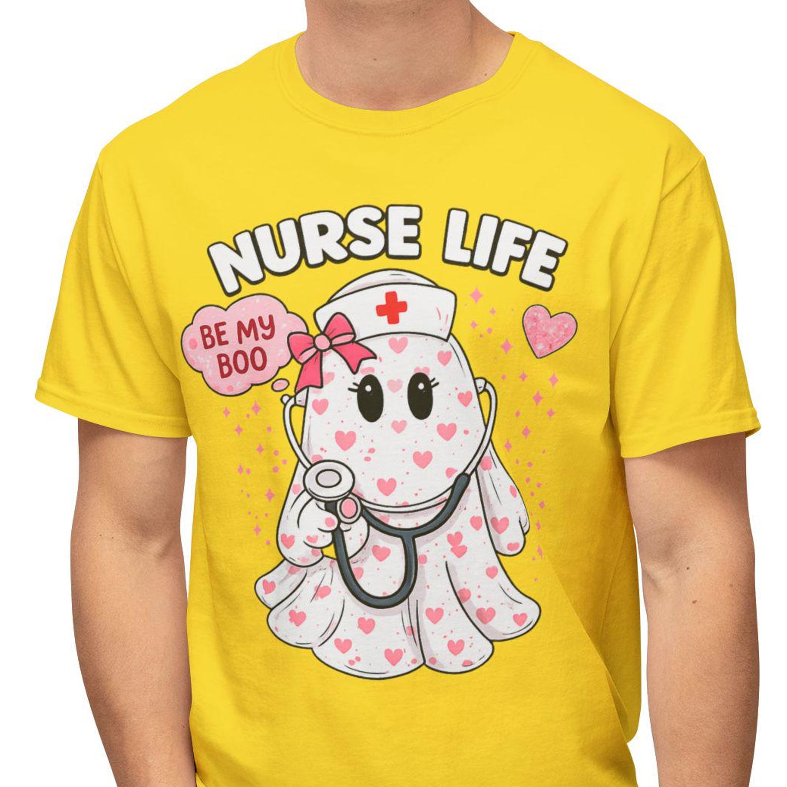 Nurse Life ghost with stethoscope T-Shirt | Heart pattern, Be My Boo S