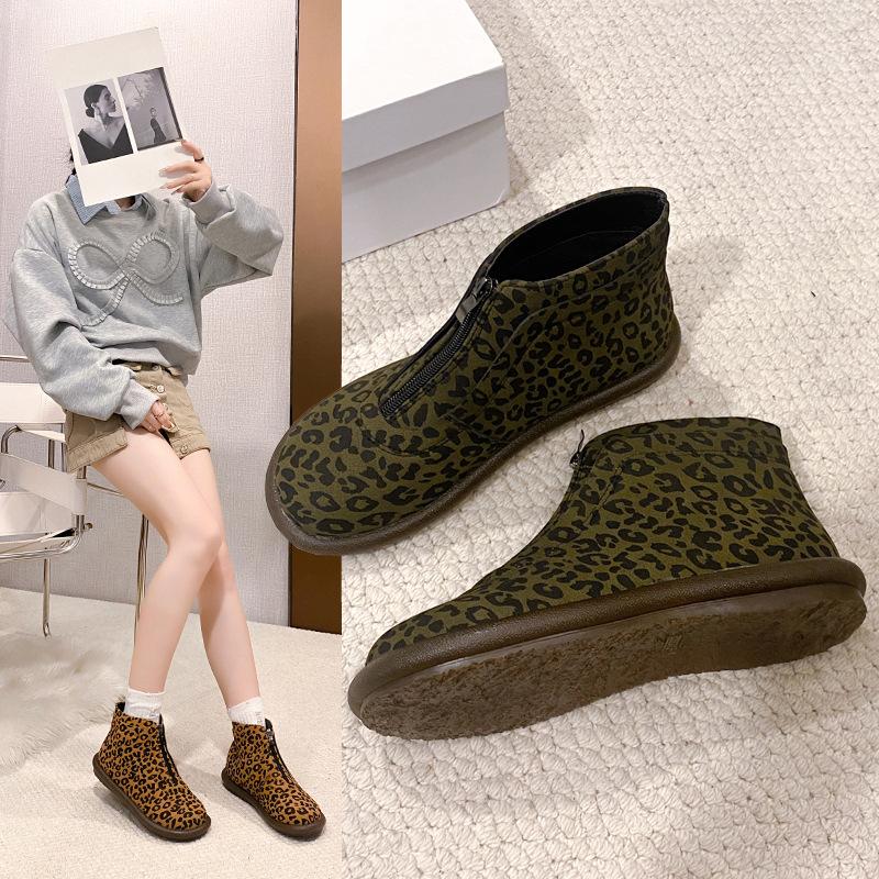 Autumn and Winter New European and American Simple and Versatile Leopard Print Low Heel Short Tube Front Zipper  Large Size Fashion Boots