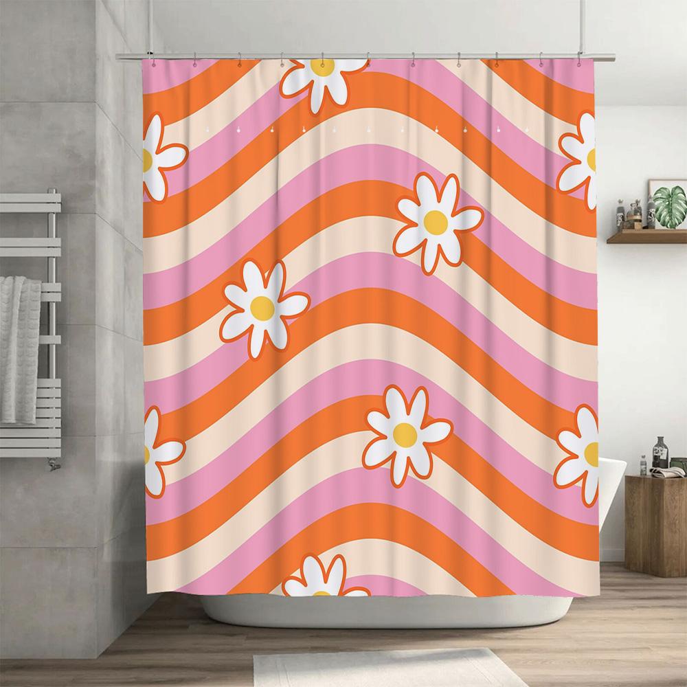 Vintage Style Shower Curtain with Striped Floral Design for Bathroom Decor Pink Orange White Color Set of 2 Panels Size180x180cm