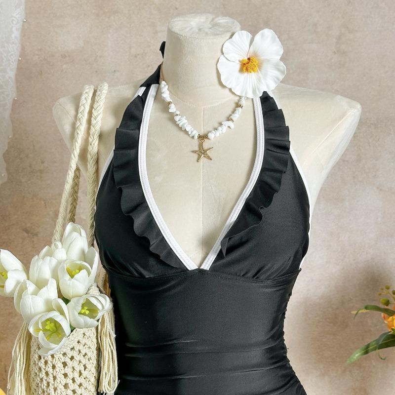 Maillot de bain une pièce sexy pour femme, couleur unie, à nouer au cou, à volants