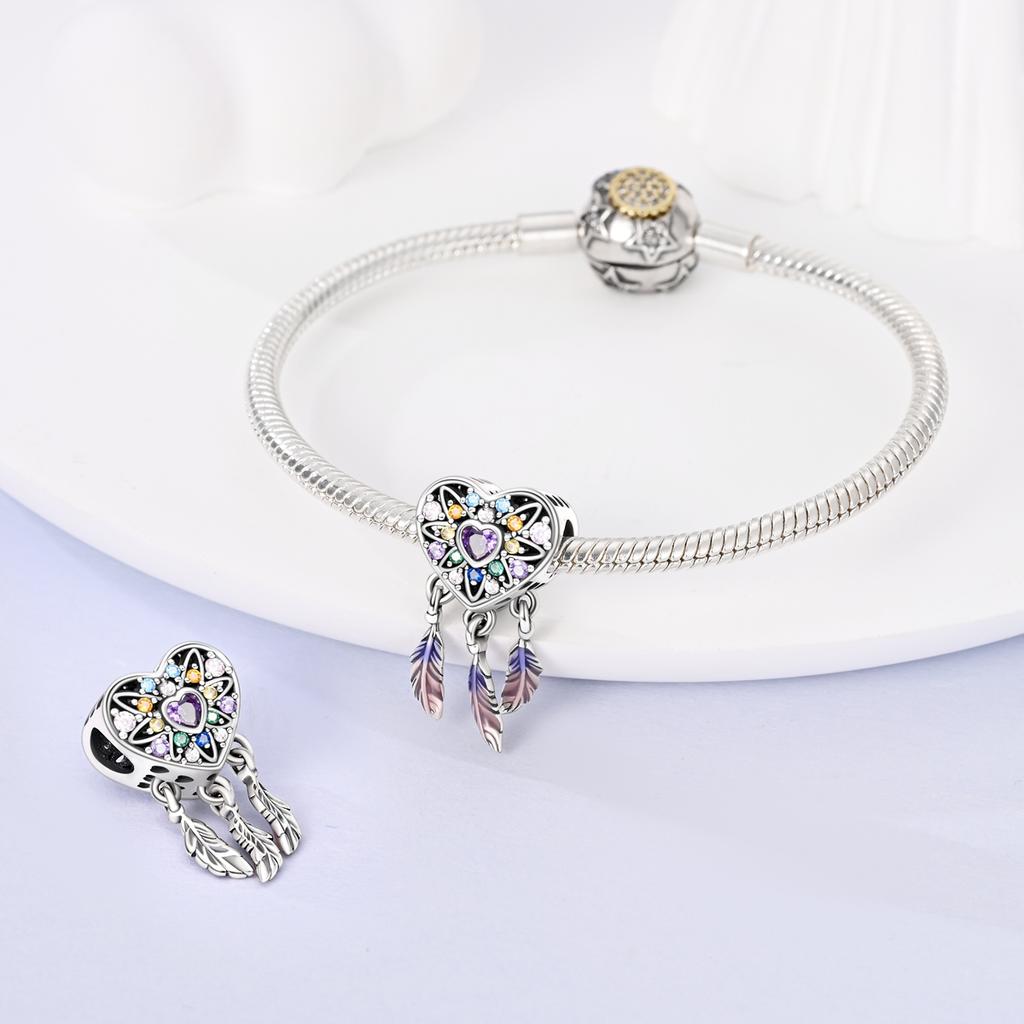 Copper Plated Dream Net Charms Beads Lucky Clover Horseshoe Dangle Fit Charm Bracelet Plata De Ley Original Jewelry Women Gift