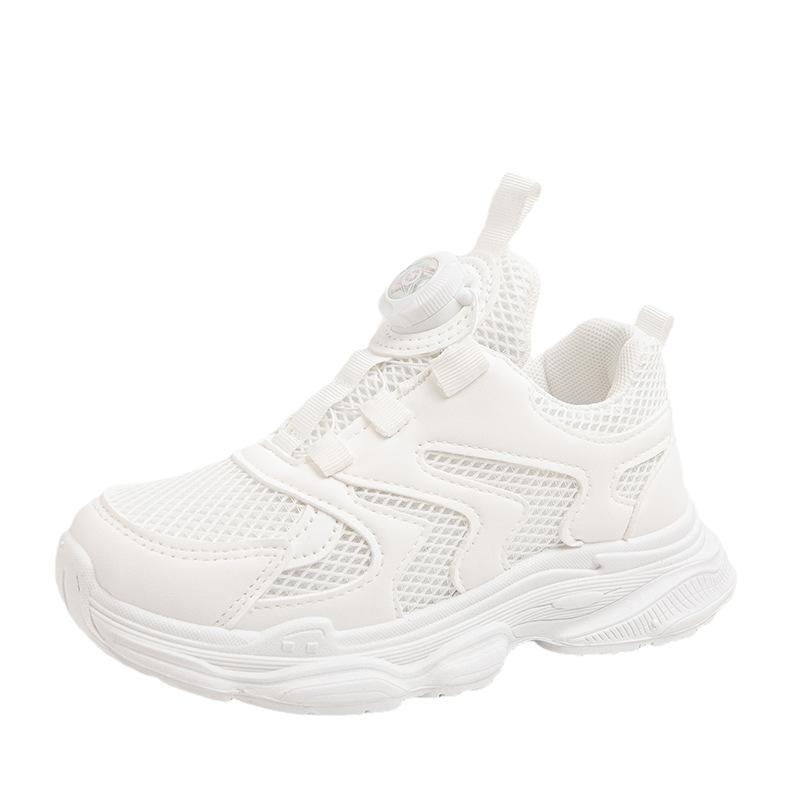 Summer New Double-mesh White Shoes with Rotating Buttons, Children's Sports Shoes for Boys and Girls, Soft-soled Running Dad Shoes