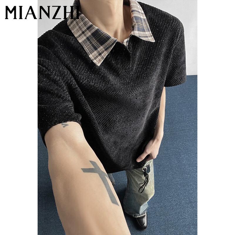 MianZhi Men s American Retro Patchwork Polo T-Shirt 2XL