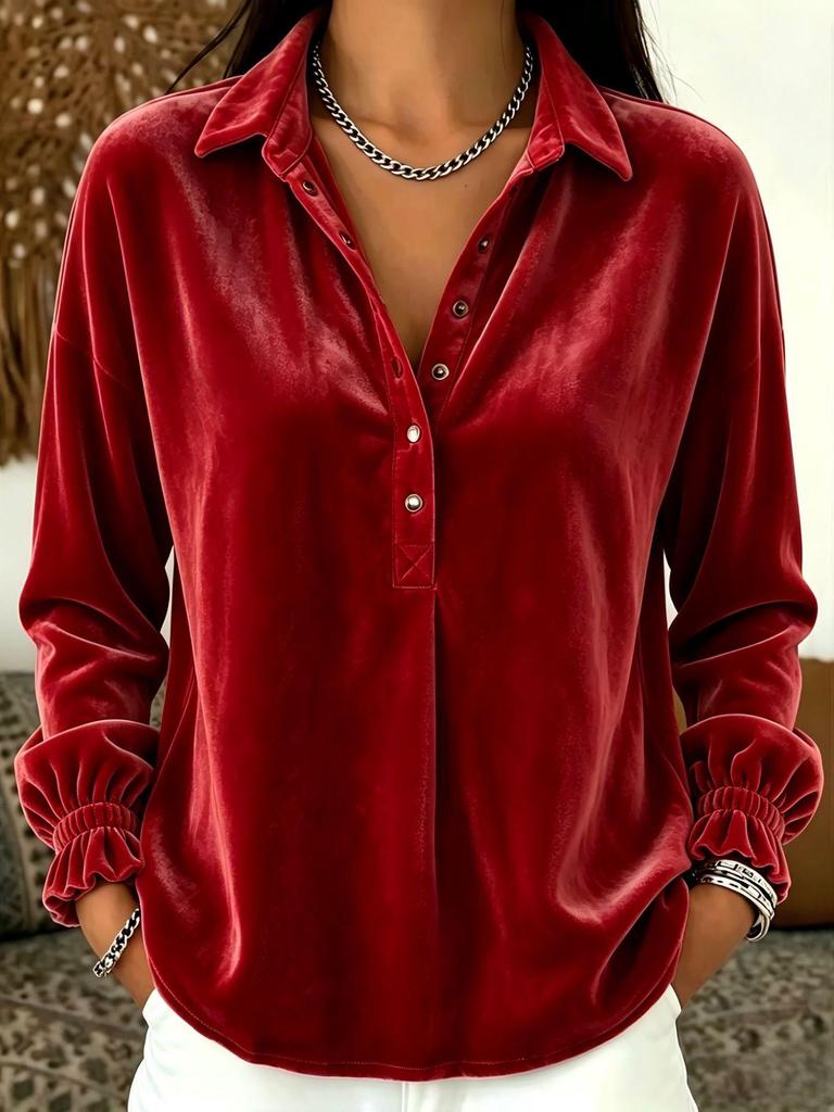 European and American Loose Button Casual Velvet Long Sleeve Polo Collar Shirt