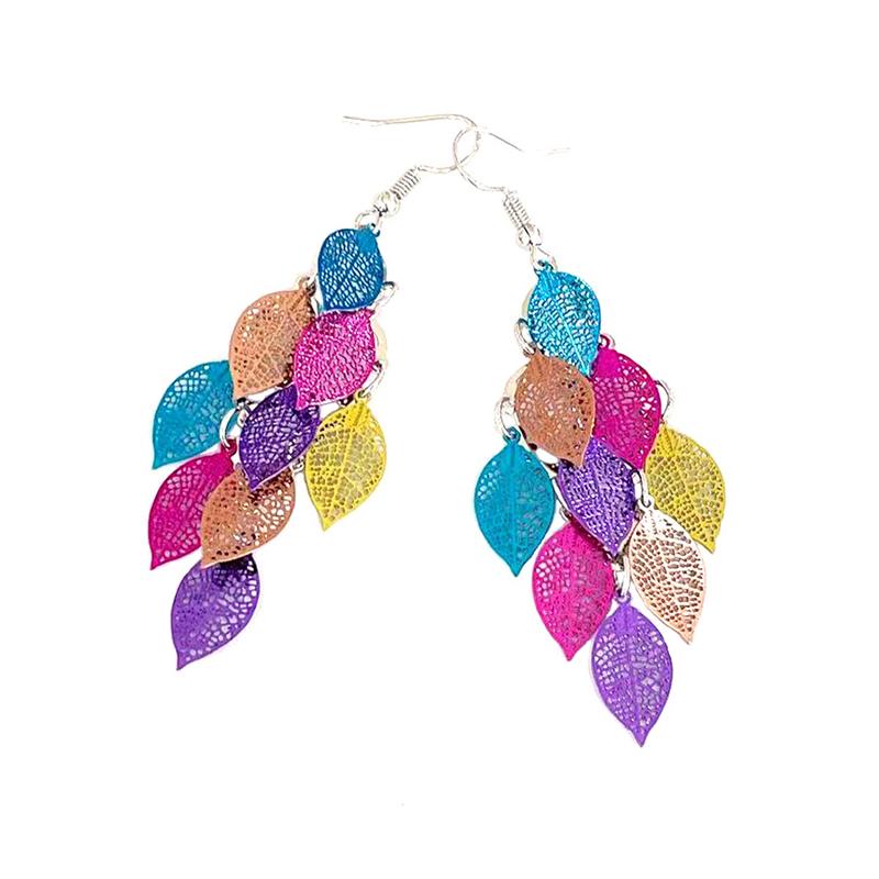 Vintage Hollow Leaves Drop Earrings for Women Bohemian Colorful Long Dangle Earrings 2024 Fashion Zircon Boucle Oreille Femme