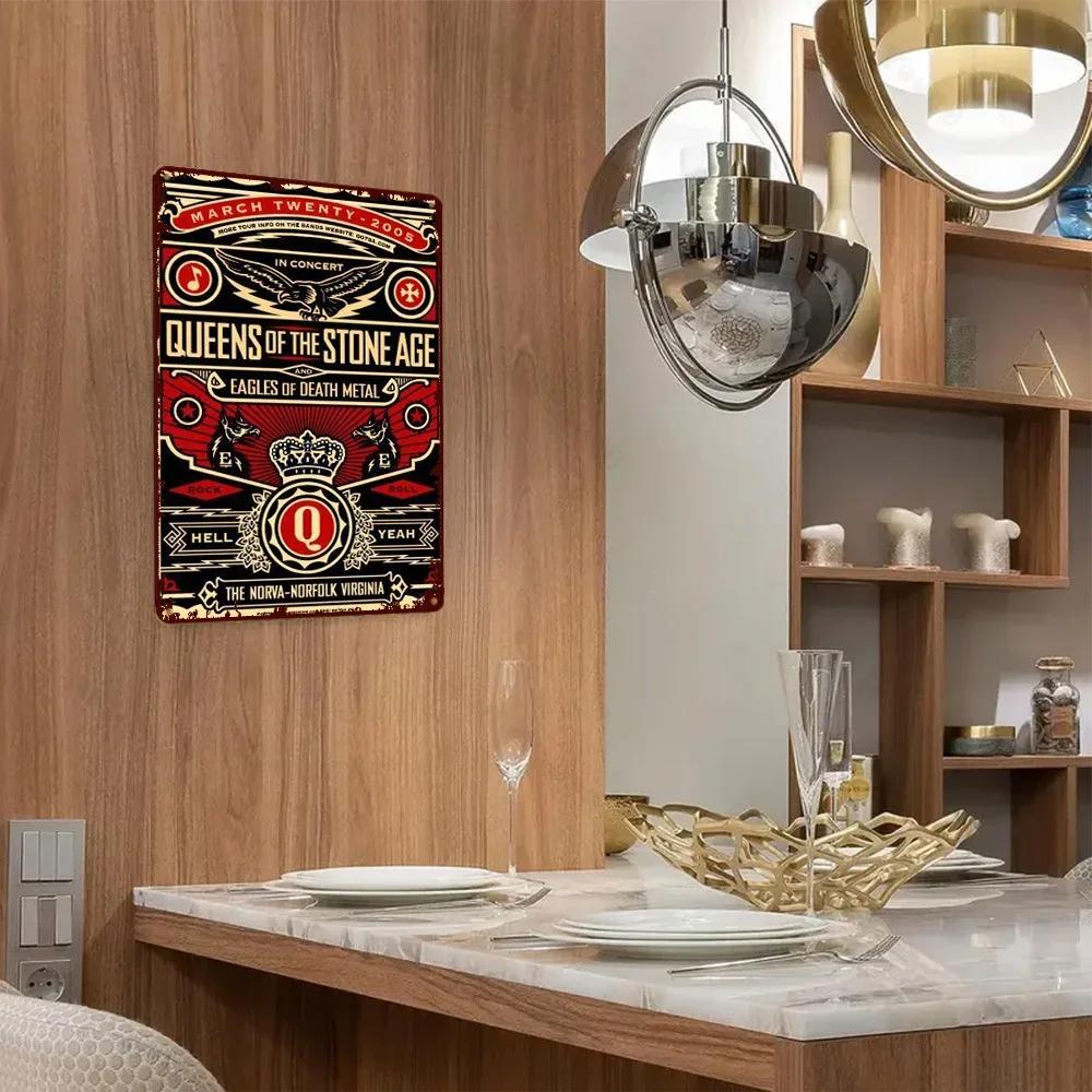 Aluminum Metal Wall Art of 1pc Retro Concert Poster. Waterproof Home Decor with Queens of Stone Age and Eagles of Death Metal.