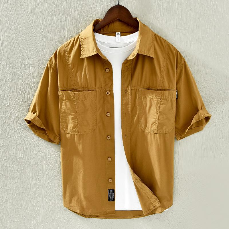 

Летние топы для мужчин, молодежная популярная уличная одежда, свободная рубашка с воротником-лацканом, мягкие рубашки из чистого хлопка с двойными карманами, рубашки в японском стиле для мужчин XXXL кофейный