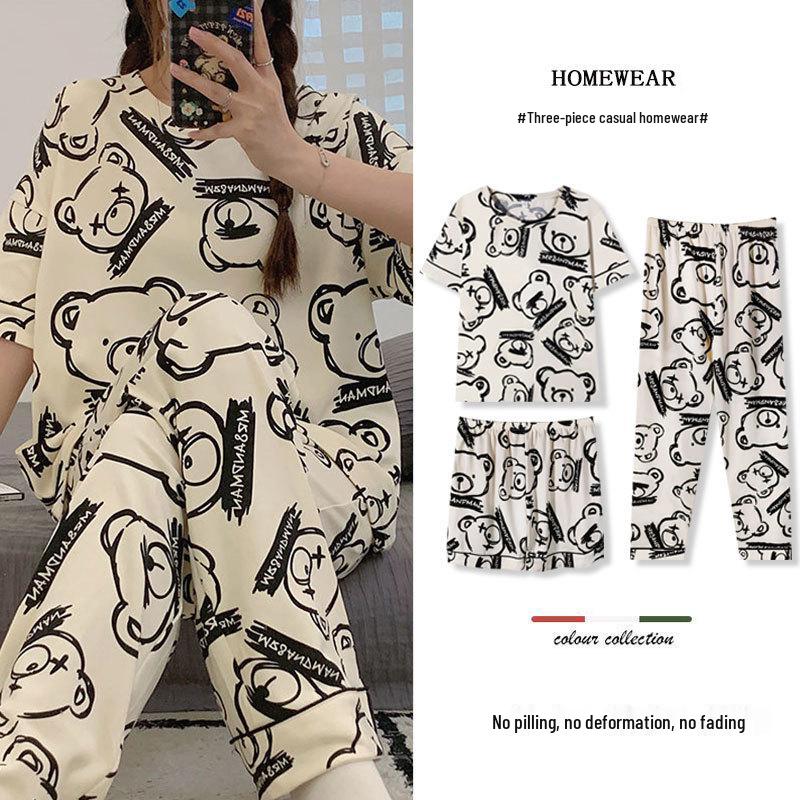 Women's Loose Summer Cartoon Pajama Set: Cute Short Sleeve Top & Long Pants for Spring/Autumn