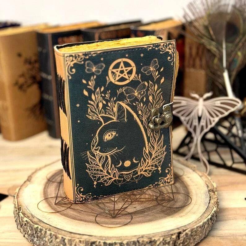 Grimoire Journal Leather Print Caltic Cat Journal Blank Spell Book of Shadows