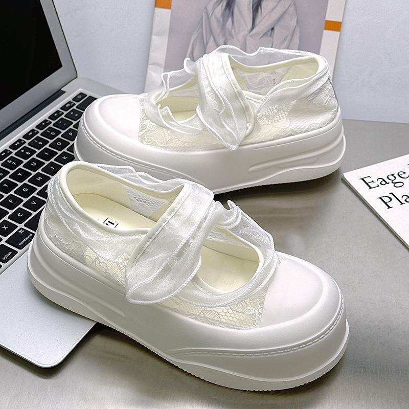 - Lace thick-soled Velcro hollow board shoes 5cm organza atmosphere versatile height-increasing casual shoes