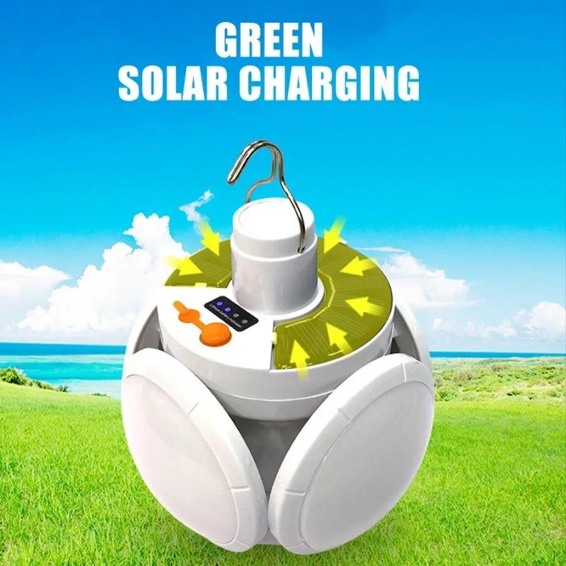 Portable Solar Camping Lantern LED Rechargeable Hanging Tent Lamp, Foldable Football Bulb with Hook Emergency Light for Outdoor Hiking Fishing