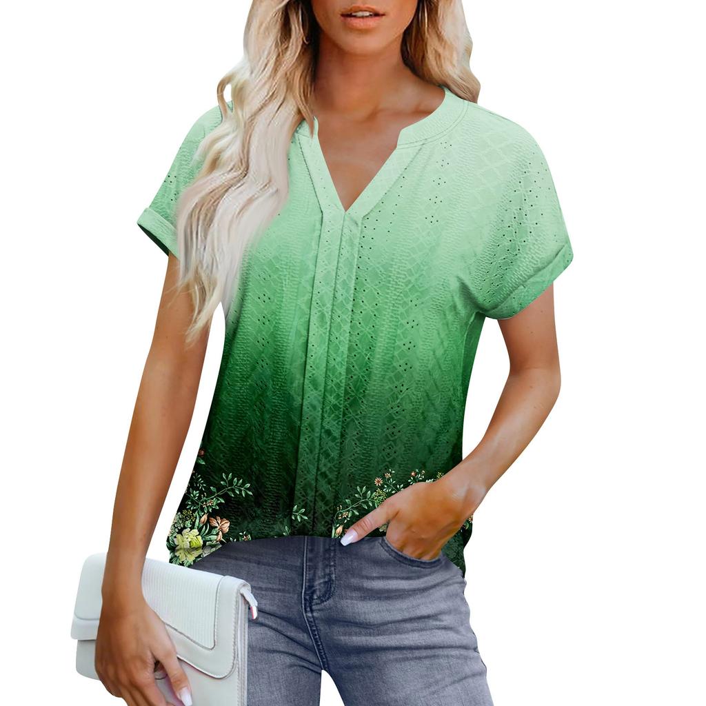 Womens Tops Short Sleeve V T-Shirt Blouse Dressy Causal Printing  Eyelet Embroidery Summer Fashion Clothes