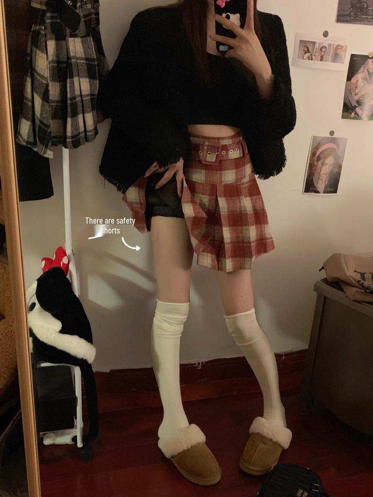Autumn 2025 Women's High Waist Plaid Wool A-line Skirt with Belt