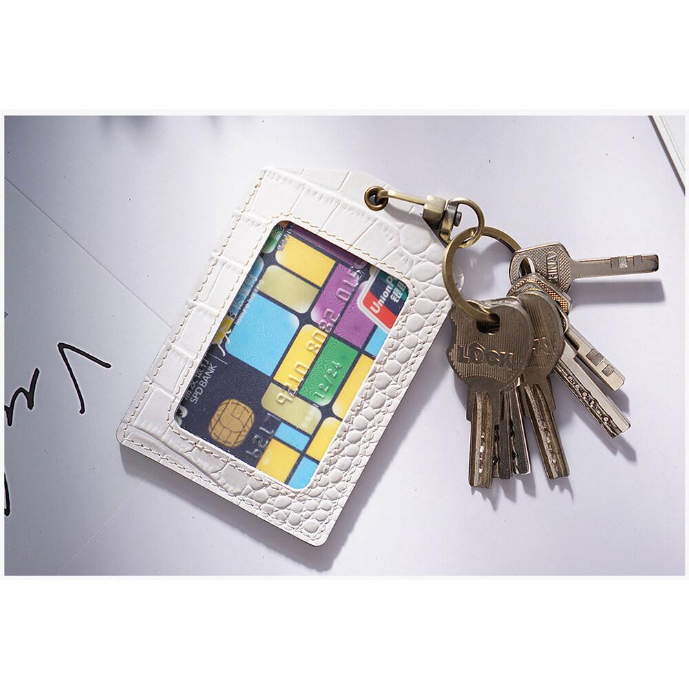 Genuine Leather Crocodile Stripes Office Badge Holder Chest Card Bus Card Campus Access Control Student Meal Card Protective Cases with Keychains