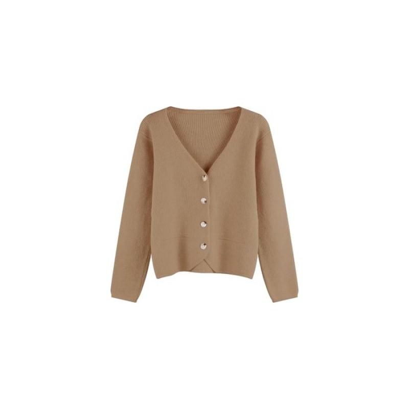 Womens Casual Minimalist V-Neck Single-Breasted Breathable Knit Cardigan Long Sleeve Top Fall