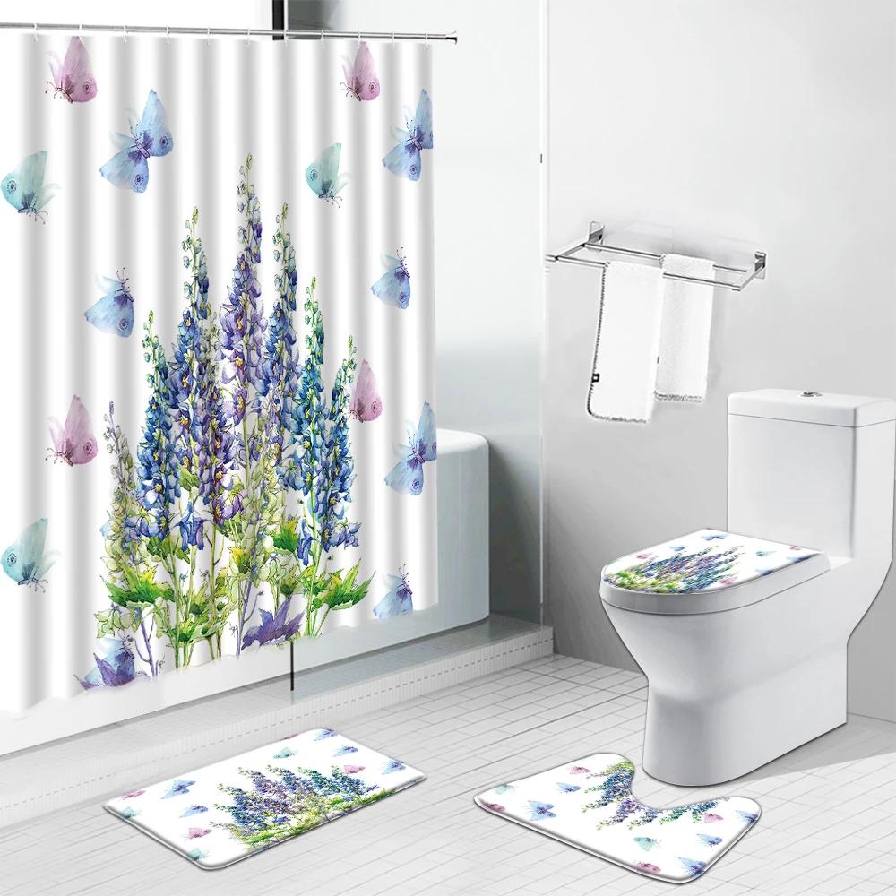 Pink Flower Plant Shower Curtains Cactus Lavender Floral Scenery For Bathroom Curtain Non-Slip Bath Mat Toilet Cover Set Carpet