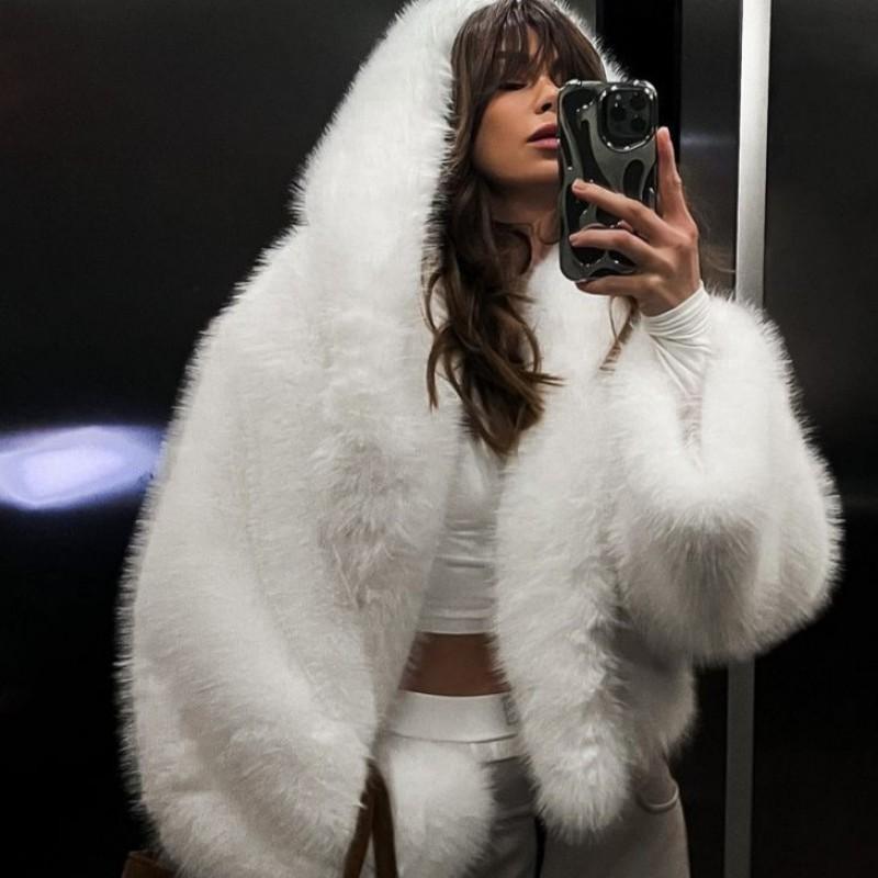 Womens White Short Faux Fur Hooded