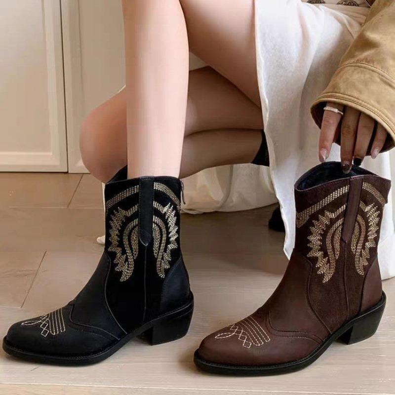Large size pointed thick heel Martin boots women's autumn and winter new embroidery one-pedal Chelsea boots women