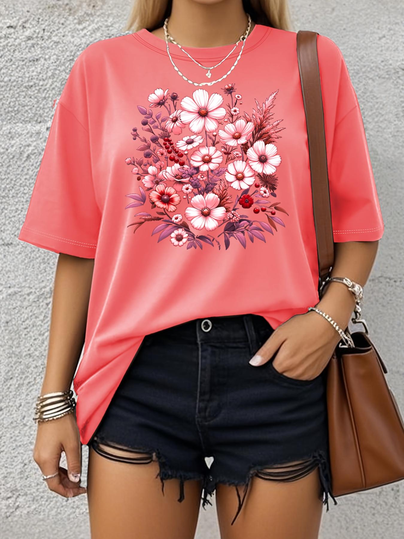 Large-size women s casual T-shirt, floral print short-sleeved T-shirt, soft, loose, comfortable short-sleeved T-shirt. XL