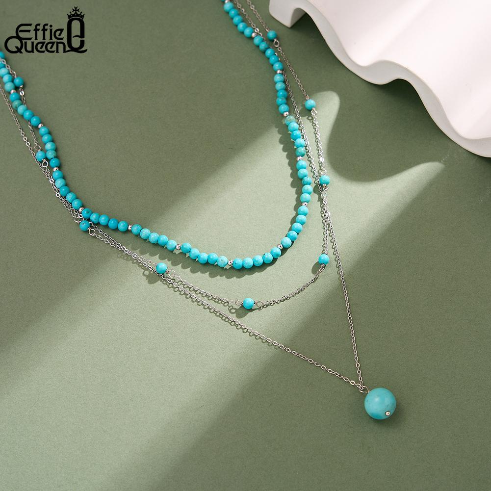 EFFIE QUEEN Trendy 925 Sterling Silver Layer Chain Necklace Turquoise Stone Pendant Choker Chain Daily Fine J ewelry Gift BQN33