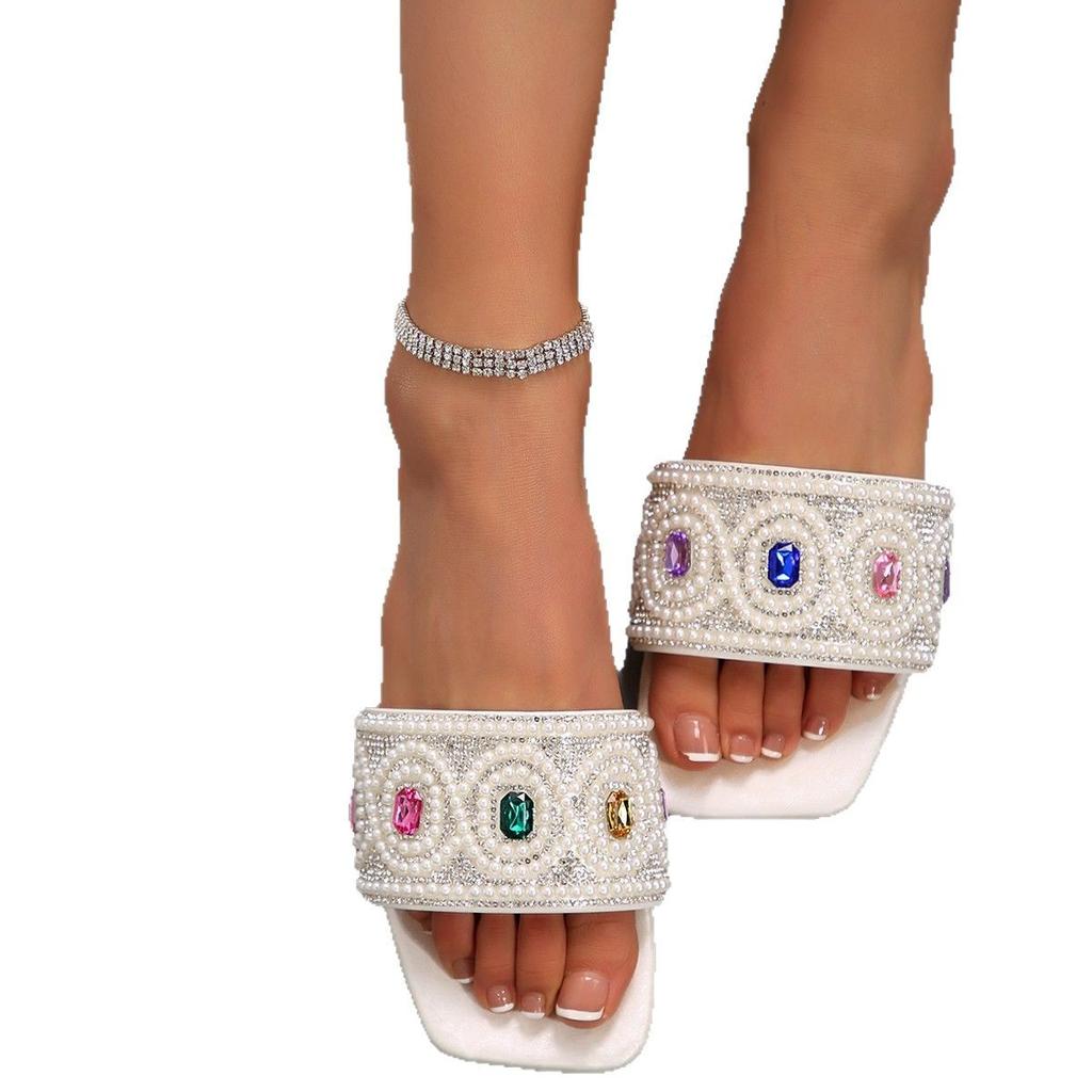 Summer 2025 season large size new outer wear women's cool slippers fashionable foreign casual flat-bottomed rhinestone slippers