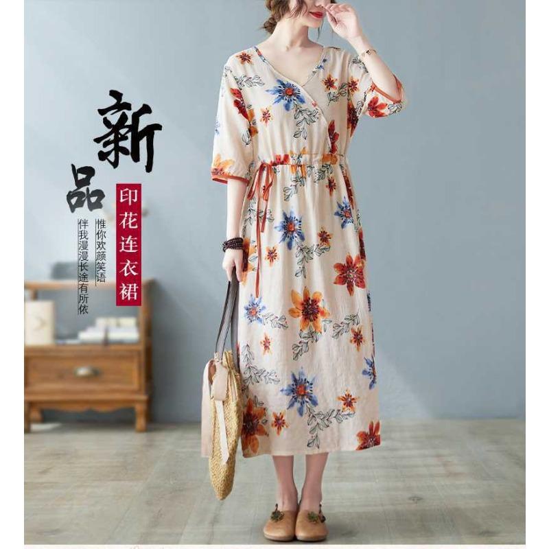 Nowe luźne plus size drukowane sznurki do wiązania w pasie etniczny styl dekolt w serek rękaw pięciominutowy literackie długie sukienki