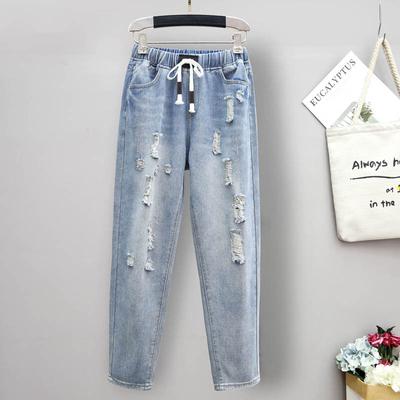 Dunne Sectie van Grote Maat Kleinbenige Jeans Jeans Vrouw Losse Gescheurde Gaten Plus Grote Harlekijn Broek Jeans met Wortels Comfort Taille Broek