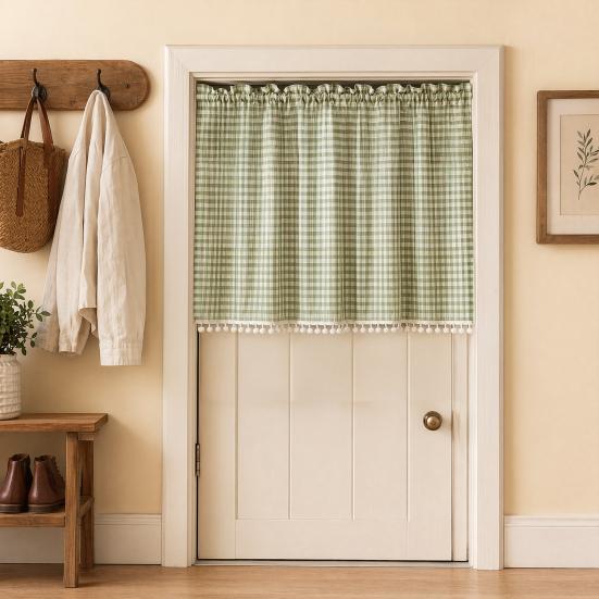 Tende a Quadri Buffalo Check, Tende a Mezza Finestra, Tenda per Finestra Cucina con Pompon, Tende Classiche da Caffè per Cucina, Soggiorno in Stile Farmhouse
