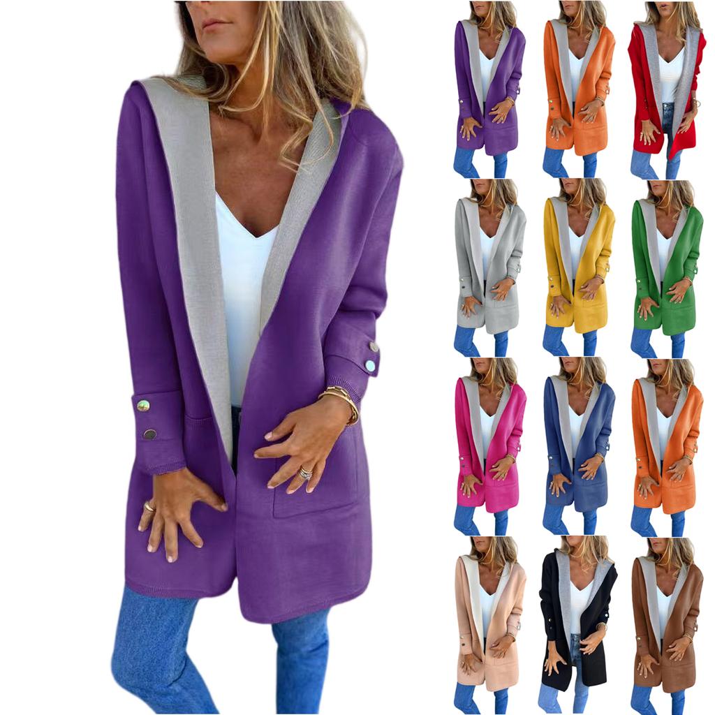 Fashionable Solid Color Long Sleeved Pocket Casual Sweater Cardigan Hooded Jacket