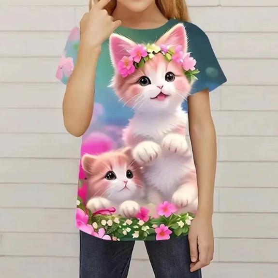 Funny Girls' T-Shirts Summer Short Sleeved Top Cartoon Animals Cat 3D Print 2025 Girls' Casual T-Shirts