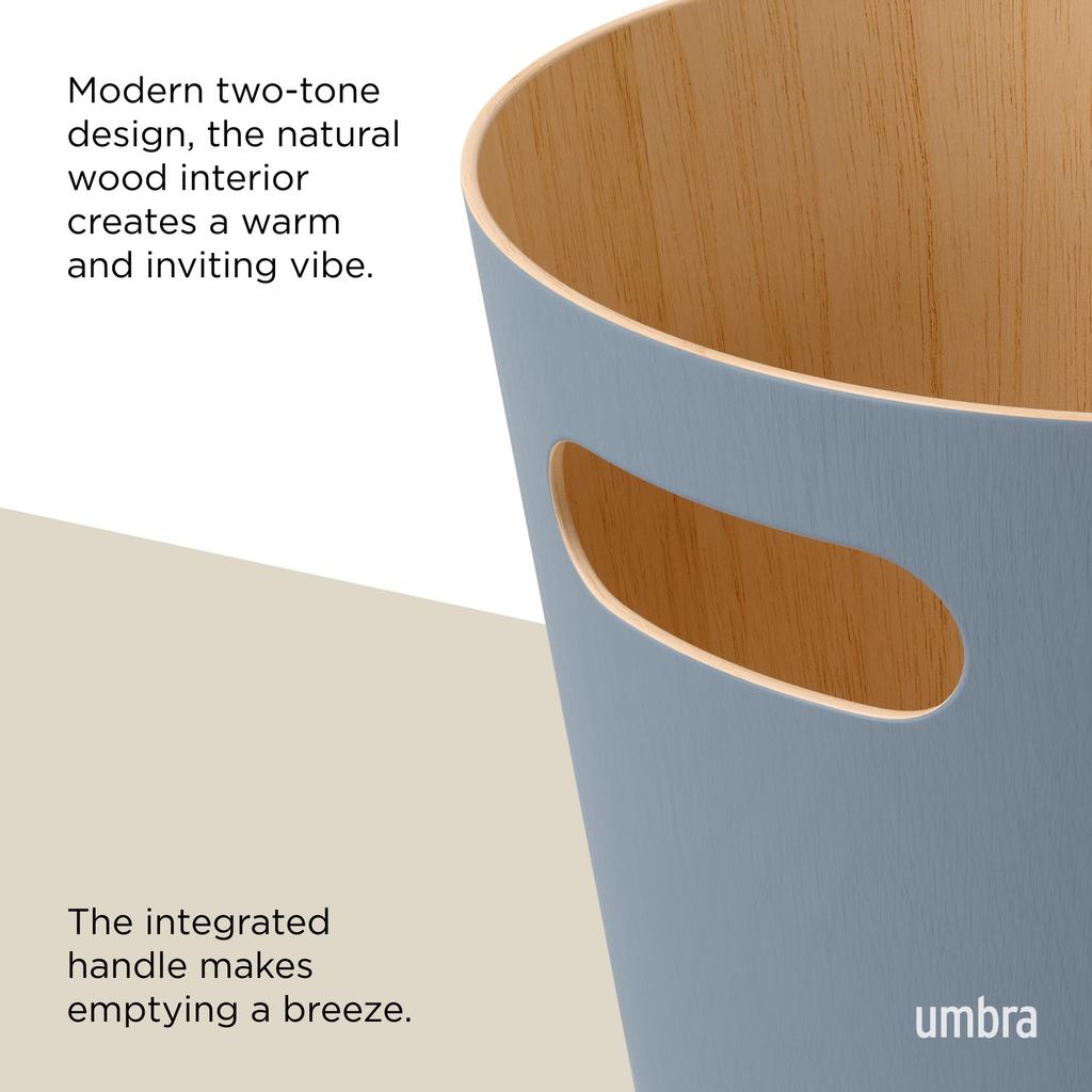 Official Umbra Woodrow Slate Natural Dustbin Can, Blue, 7.5L, Wood, Round, Lidless,