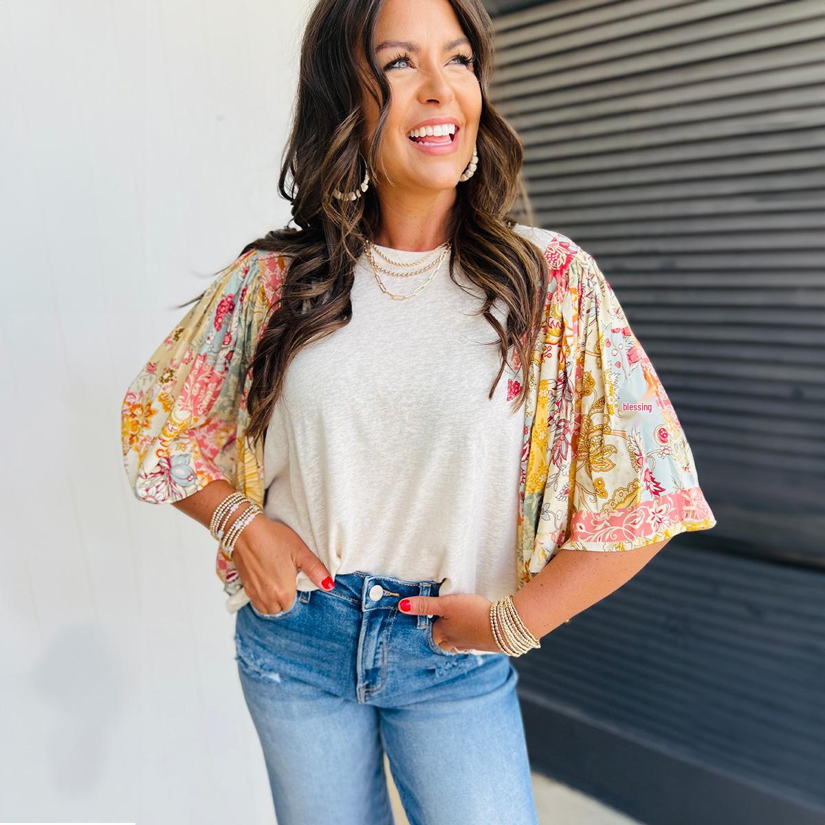 

Shiying Floral Print Five-Sleeve Loose Fit T-shirt for Women - Spring/Summer Fashion XL бежевый