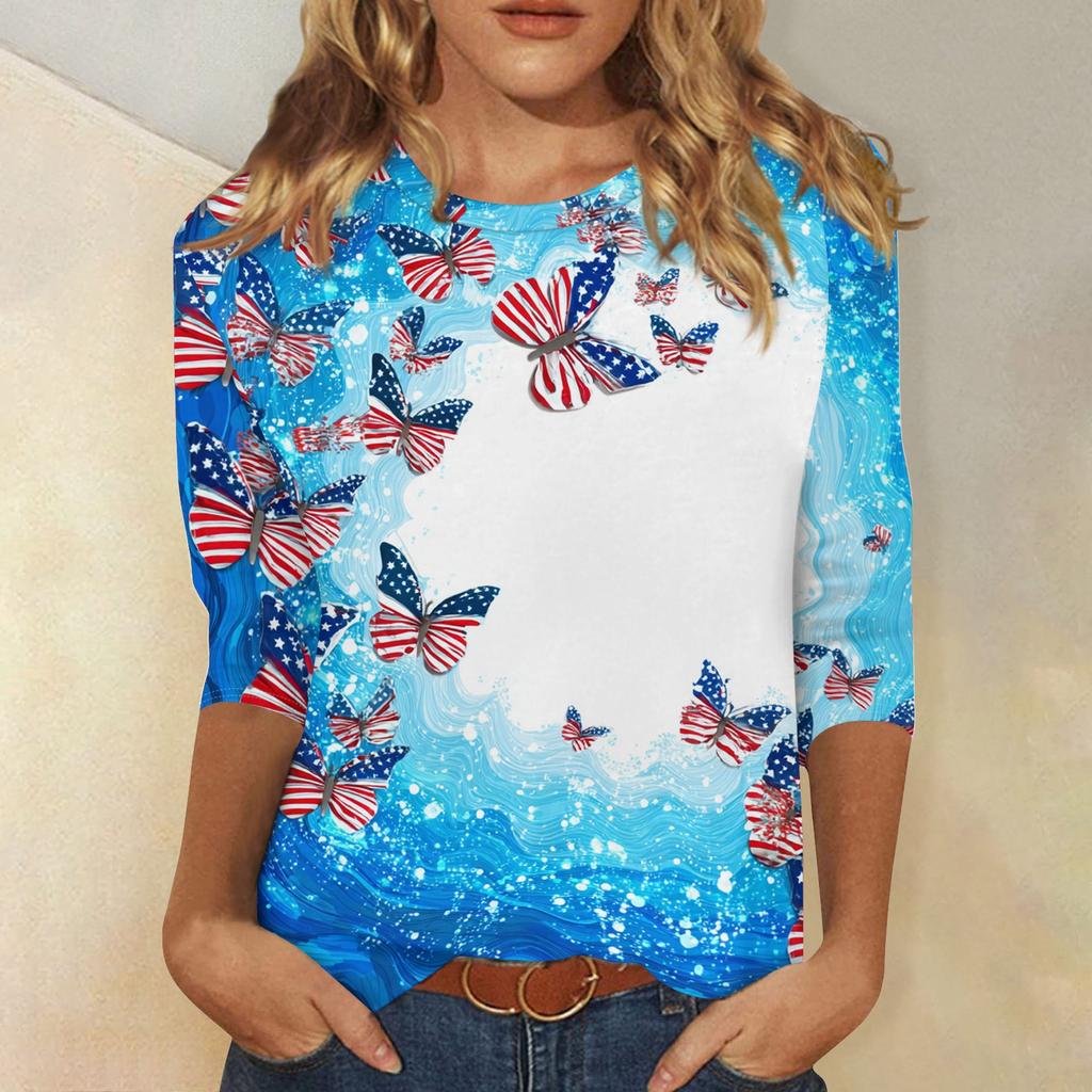 Women's Fashionable Casual Independence Day American Flag and Stars Print Neck Three-Quarter Sleeve T-Shirt Top