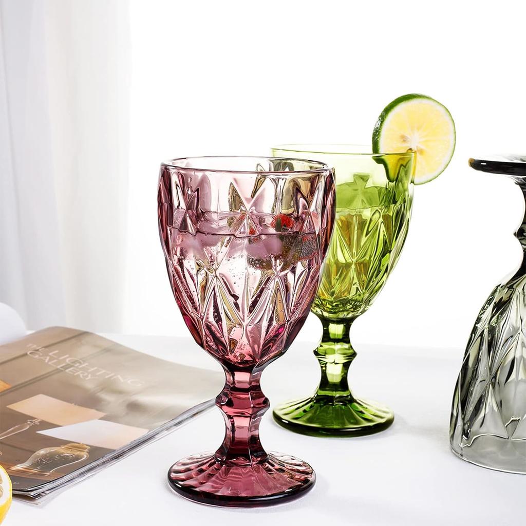 Vintage Wine Glasses Set of 4, Plastic Reusable 12 Ounce Colored Water Goblets, Unique Embossed Pattern Unbreakable Stemmed Wine Glasses, High Clear