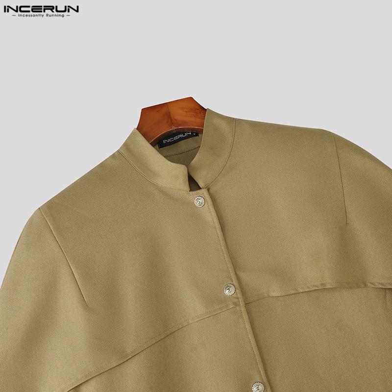 INCERUN Men Stand Neck Short Sleeve Buttons Side Splits Irregular Shirts Tops