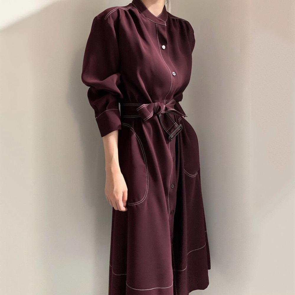 Single Breasted Women's Shirt Dresses Sashes New Stand Collar Casual Straight Dress Female